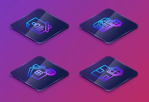 Set Isometric line Document with shield, House, and Delivery security. Blue Illustrazione stock
