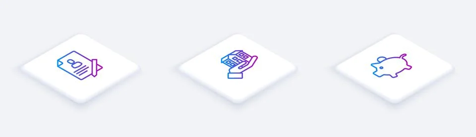Set Isometric line Document with shield, House in hand and Piggy bank. White Stock Illustration