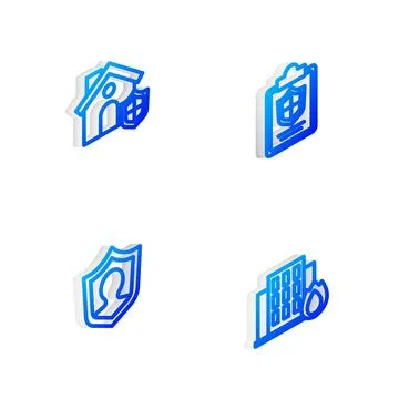 Set Isometric line Document with shield, House, Life insurance and Fire bur.. Stock Illustration
