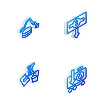 Set Isometric line Dollar rate decrease, , Tearing money banknote and Drop crude Stock Illustration