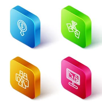 Set Isometric line Dollar rate decrease, Tearing money banknote, Shutdown of Illustrazione stock