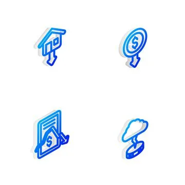 Set Isometric line Dollar rate decrease, Falling property prices, Mobile stock Stock Illustration