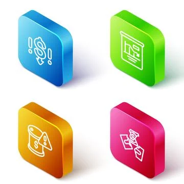 Set Isometric line Dollar rate decrease, Pie chart infographic, Drop crude .. Stock Illustration