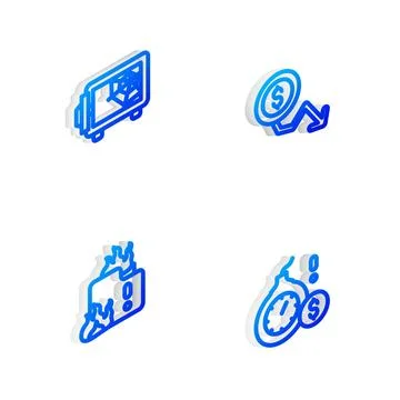 Set Isometric line Dollar rate decrease, Safe, Fire in burning house and Mo.. Stock Illustration