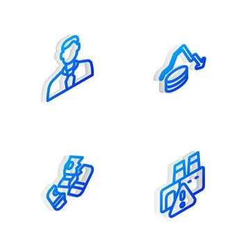 Set Isometric line Dollar rate decrease, Worker, Credit card and Shutdown o.. 库存插图