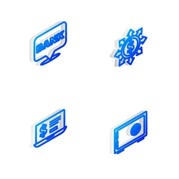 Set Isometric line Dollar, share, network, Bank building, Laptop with dollar  Ilustración de archivo