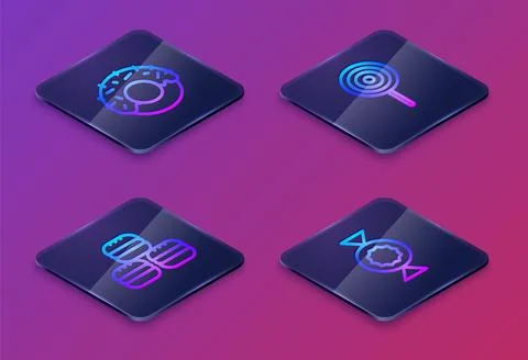 Set Isometric line Donut, Macaron cookie, Lollipop and Candy. Blue square but Stock Illustration