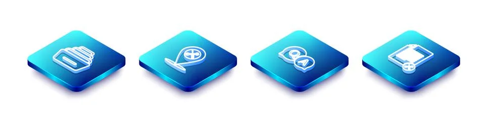 Set Isometric line Drawer with documents, Location service, Question and Answer Stock Illustration