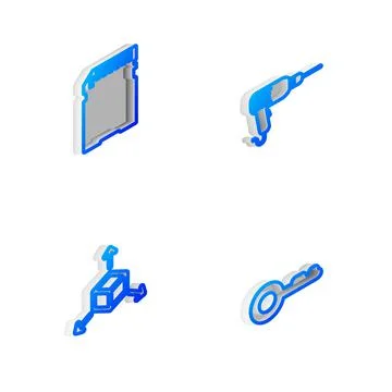 Set Isometric line Drill machine, SD card, Isometric cube and Key icon. Vector Stock Illustration