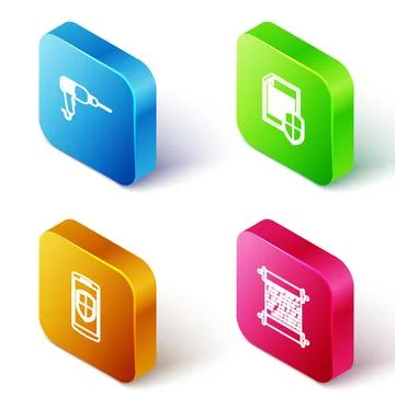 Set Isometric line Drill machine, Document protection, Smartphone with shield Stock Illustration