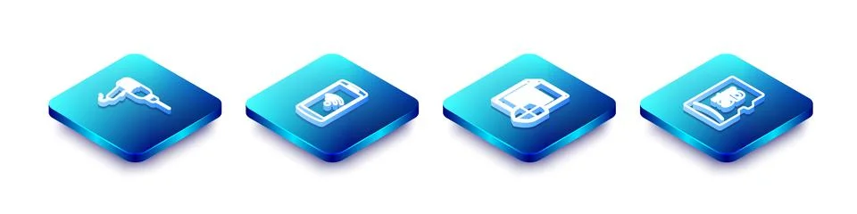 Set Isometric line Drill machine, Smartphone with wireless, Document protection Stock Illustration