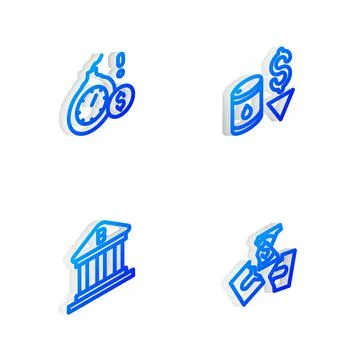Set Isometric line Drop in crude oil price, Money bomb dollar crisis, Bank Ilustración de archivo