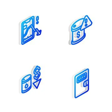 Set Isometric line Drop in crude oil price, Mobile stock trading, and Prison Stock Illustration