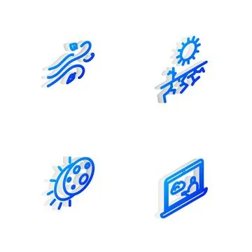 Set Isometric line Drought, Wind, Eclipse of the sun and Weather forecast ico Stock Illustration