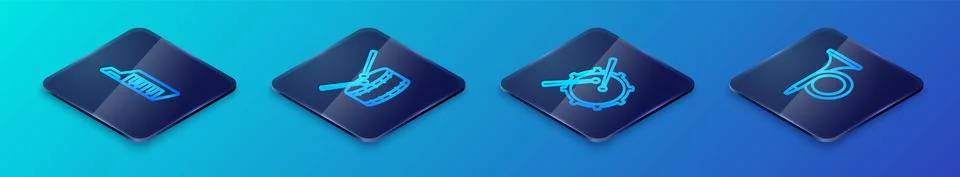 Set Isometric line Drum with drum sticks, Keytar, Trumpet and  icon. Vector 스톡 일러스트