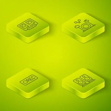 Set Isometric line Drums, Record button, Stereo speaker and DJ remote and mixing Stock Illustration