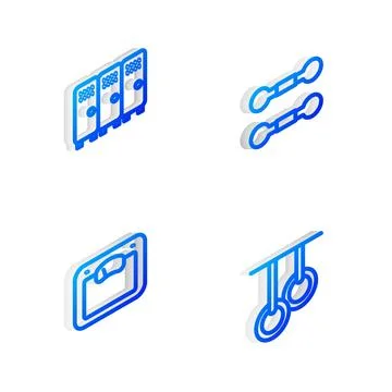 Set Isometric line Dumbbell, Locker or changing room, Bathroom scales and Stock Illustration
