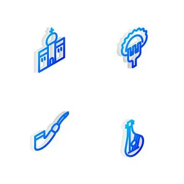 Set Isometric line Dumplings on fork, Church building, Smoking pipe and Bandura Stock Illustration