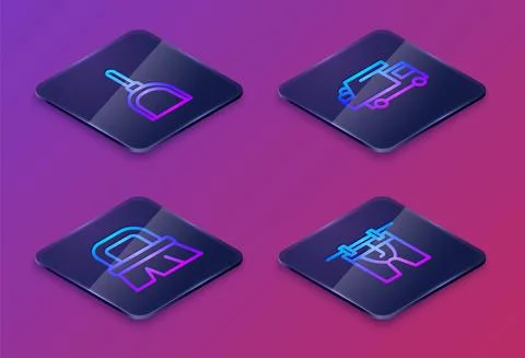 Set Isometric line Dustpan, Brush for cleaning, Garbage truck and Drying clothes Stock Illustration