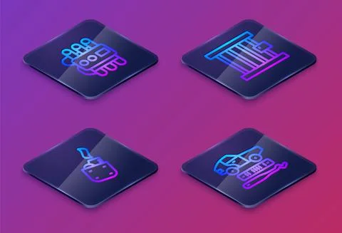 Set Isometric line Dynamite and timer clock, Lighter, Prison window and Car Stock Illustration