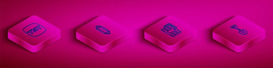 Set Isometric line Dynamite, Gem stone, and Shovel icon. Vector Illustrazione stock