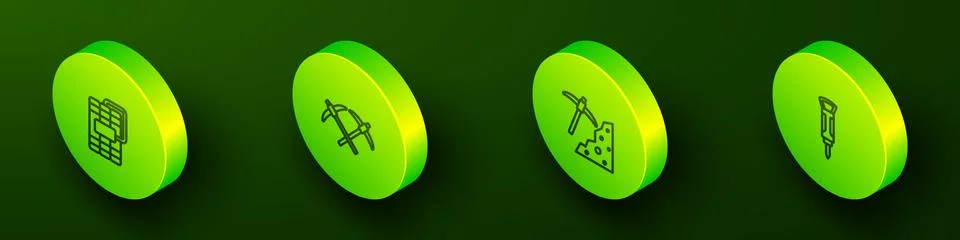 Set Isometric line Dynamite, Pickaxe, and Construction jackhammer icon. Vector Stock Illustration