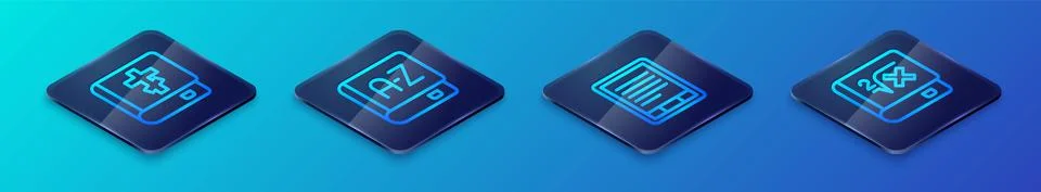 Set Isometric line E-Book reader, Holy bible book, with mathematics and Stock Illustration