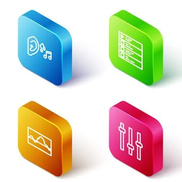 Set Isometric line Ear listen sound signal, Music playlist, wave equalizer and 스톡 일러스트