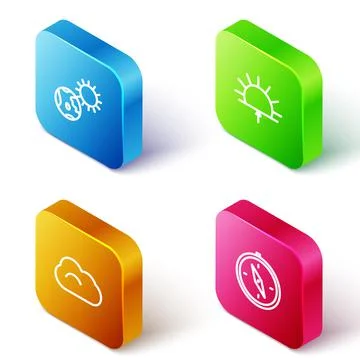Set Isometric line Earth globe and sun, Sunrise, Cloud and Compass icon. Vector Stockillustratie