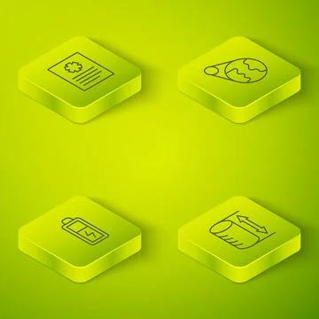 Set Isometric line Earth globe, Battery, Height geometrical figure and Patient Stock Illustration