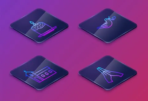 Set Isometric line Easter cake and candle, Church building, Peace dove with Ilustración de archivo