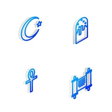Set Isometric line Easter cake, Star and crescent, Cross ankh and Decree, paper Stock Illustration