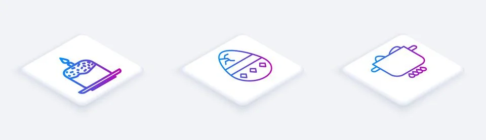 Set Isometric line Easter cake and candle, Cracked egg and Egg in hot pot. White Stock Illustration