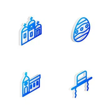 Set Isometric line Easter egg, Church building, and Orthodox jewish hat with Stock Illustration