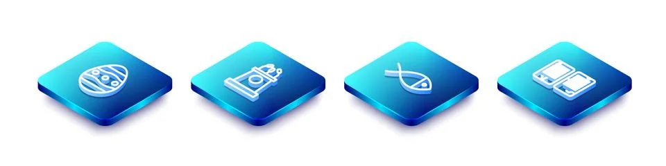 Set Isometric line Easter egg, Stage stand or tribune, Christian fish and The Illustrazione stock