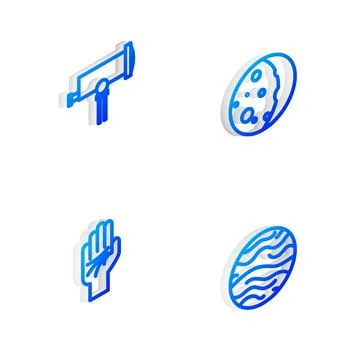 Set Isometric line Eclipse of the sun, Telescope, Palmistry hand and Planet 스톡 일러스트