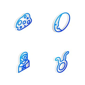 Set Isometric line Eclipse of the sun, Asteroid, Astrology woman and Taurus Stock Illustration
