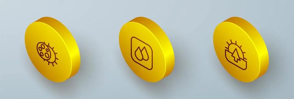 Set Isometric line Eclipse of the sun, Water drop and Sunrise icon. Vector Stock Illustration