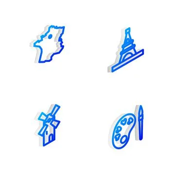 Set Isometric line Eiffel tower, Map of France, Windmill and Paint brush with Stockillustratie