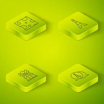 Set Isometric line Eiffel tower, Windmill, and Cheese icon. Vector 库存插图