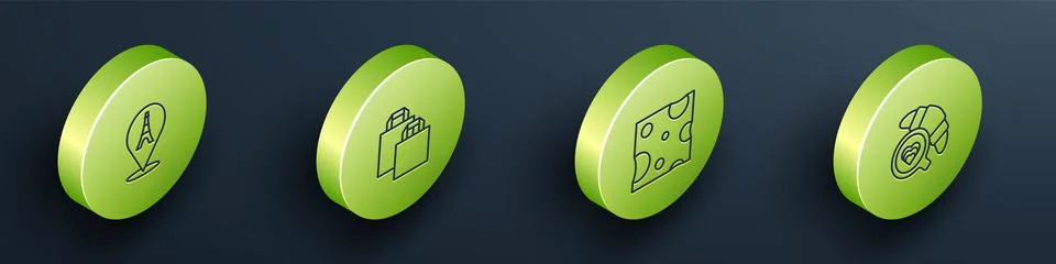 Set Isometric line Eiffel tower, Paper shopping bag, Cheese and Coffee cup with Ilustración de archivo