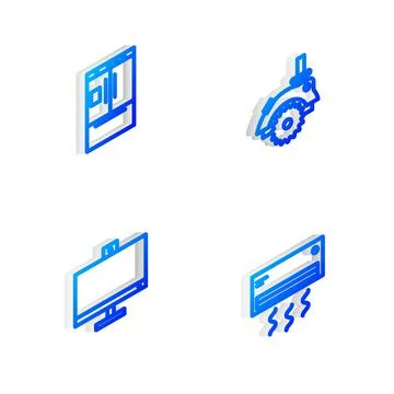 Set Isometric line Electric circular saw, Refrigerator, Computer monitor and  Illustrazione stock