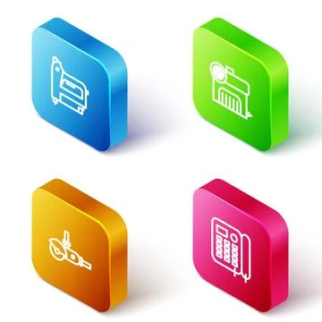 Set Isometric line Electric construction stapler, Air compressor, Angle grind Stock Illustration