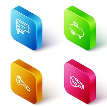 Set Isometric line Electric jigsaw, Air compressor, Leaf garden blower and Angle Stock Illustration