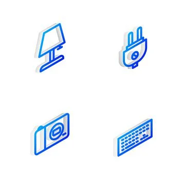 Set Isometric line Electric plug, Table lamp, Photo camera and Keyboard icon. 스톡 일러스트