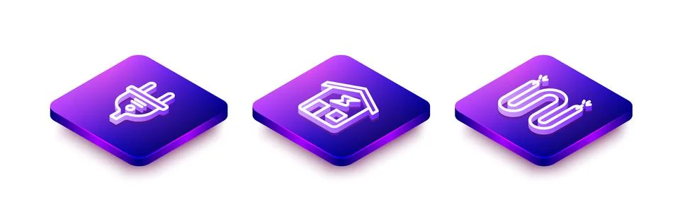 Set Isometric line Electric plug, Smart home and cable icon. Vector Stock Illustration