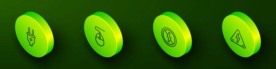 Set Isometric line Electric plug, Computer mouse, No lightning and High vol.. Stock Illustration