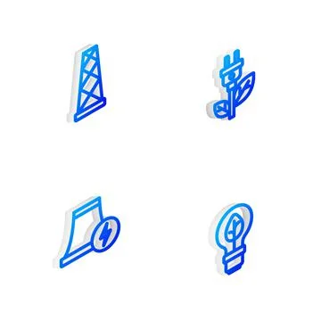 Set Isometric line Electric saving plug in leaf, Antenna, Nuclear power plant Stock Illustration