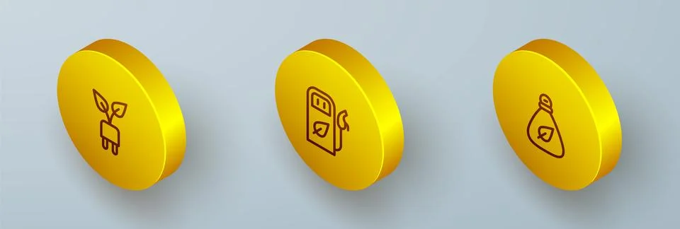 Set Isometric line Electric saving plug in leaf, Petrol or gas station and Stock Illustration