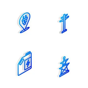 Set Isometric line Electric tower, plug, Eco fuel canister and icon. Vector Stockillustratie